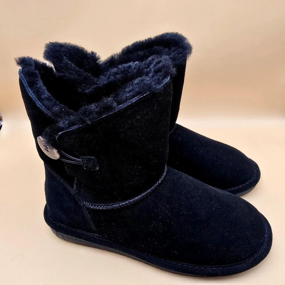 Bearpaw Rosie Black Suede Sheepskin Wool Fur Button Boots 1653W Womens 9